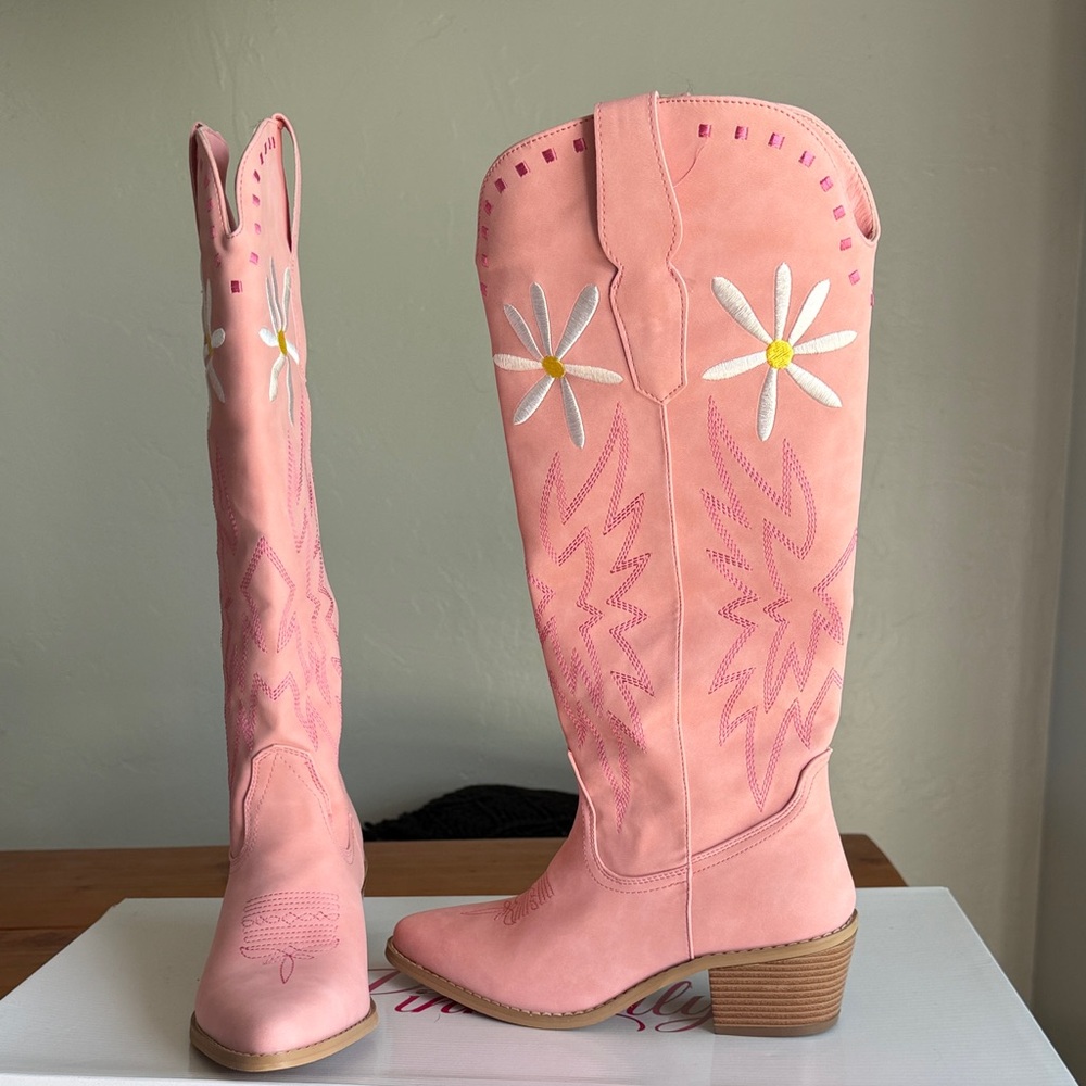 Pink Lily x KRISTA HORTON Pink Embroidered Cowboy Boots